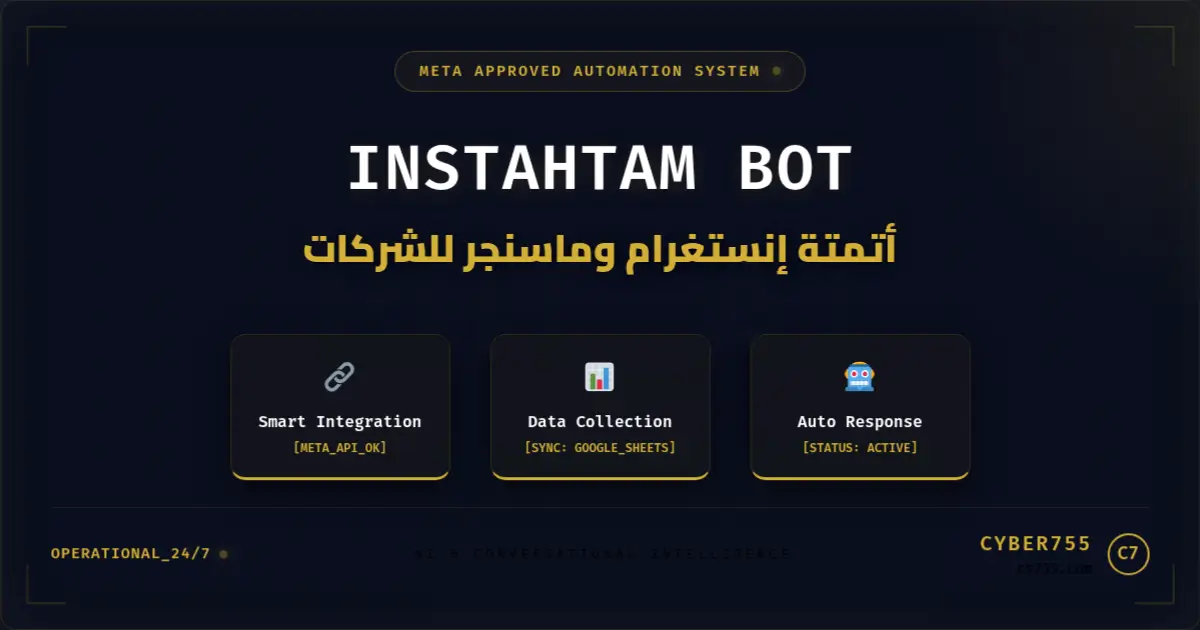 AI dashboard showing CS755 instahtam bot service for Instagram and Messenger automation, data collection, and Google Sheets integration for businesses